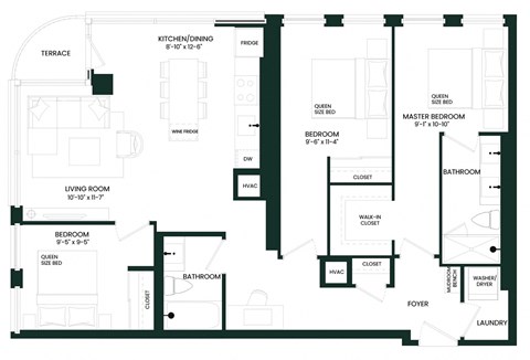 Floor plan for 3 beds, 2 baths, 1103 sqft